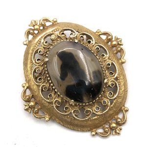 Vintage FLORENZA Brooch Goldtone Filigree Glass Agate Brooch